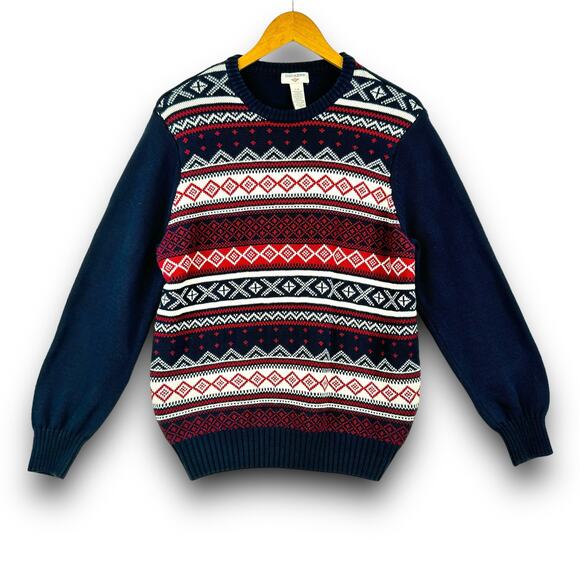 Dockers Fair Isle Cotton Knit Long Sleeve Crewneck Sweater Blue Red White Large - Picture 1 of 6